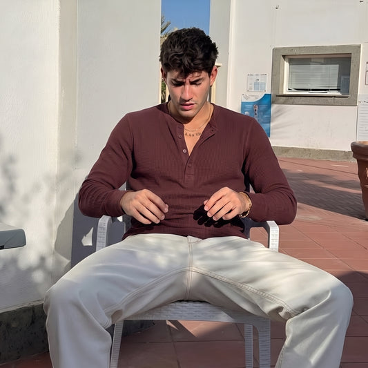 Waffle Knitted Henley Shirt - Maroon (Summer)