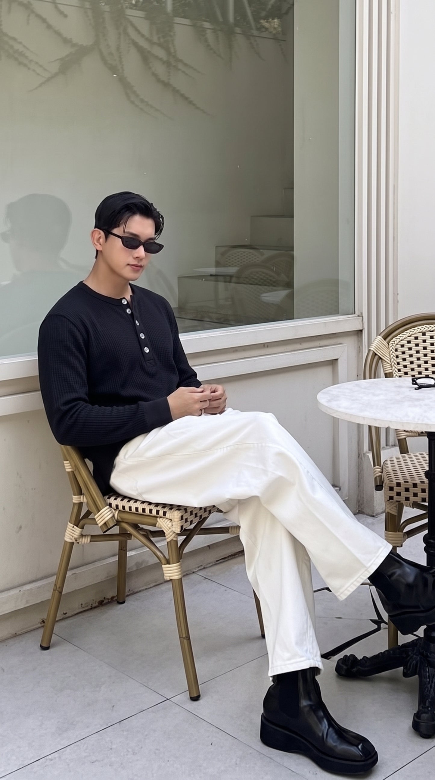 Waffle Knitted Henley Shirt - Black (Summer)