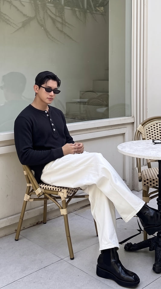 Waffle Knitted Henley Shirt - Black (Summer)
