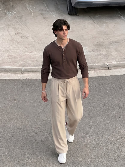 Waffle Knitted Henley Shirt - Brown (Summer)