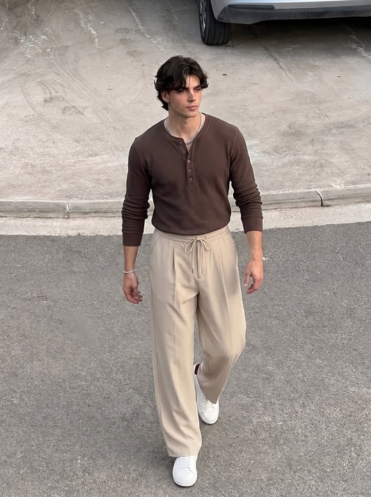 Waffle Knitted Henley Shirt - Brown (Summer)