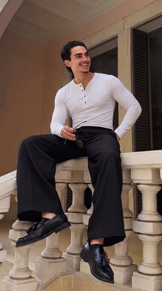 Waffle Knitted Henley Shirt - White (Summer)