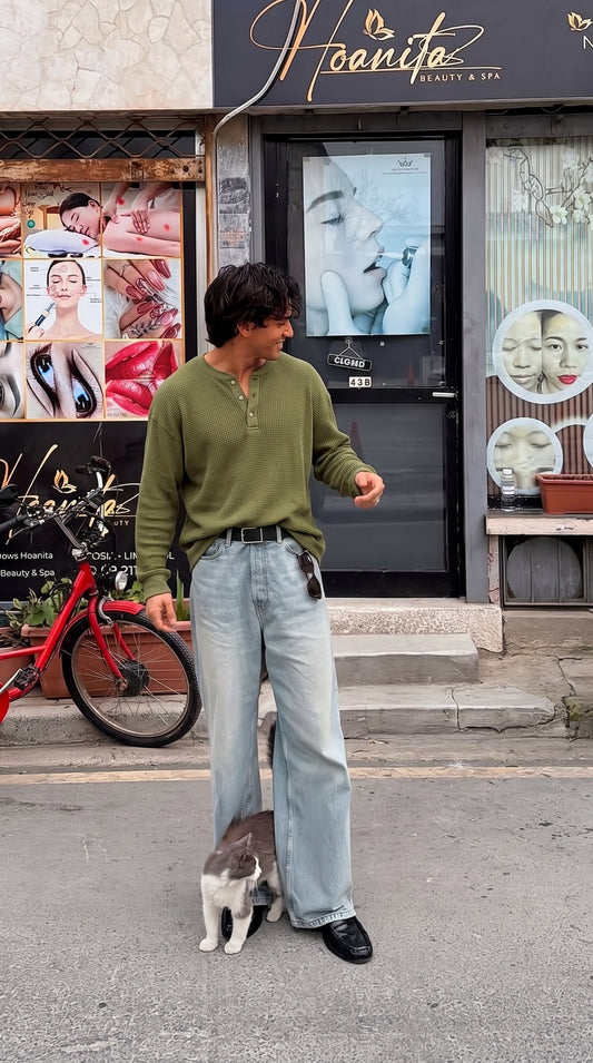 Waffle Knitted Henley Shirt - Olive (Summer)