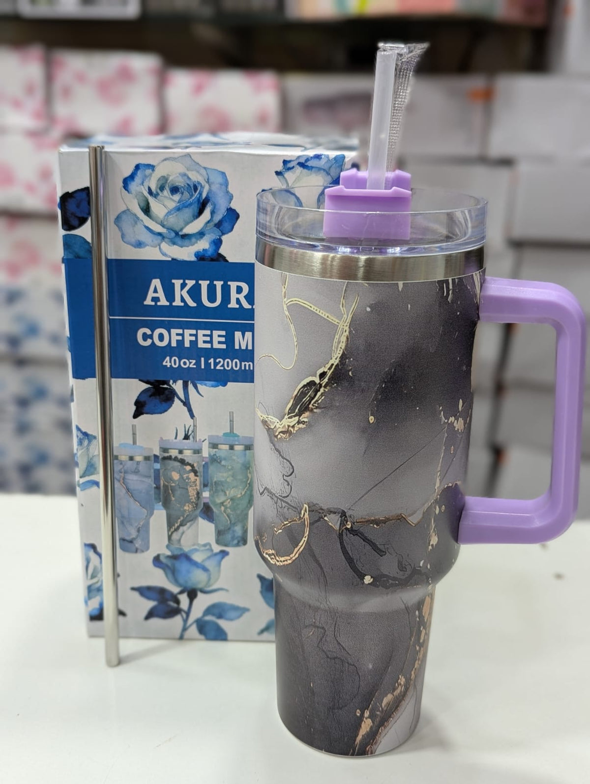 Marble Printed 40oz Straw Tumbler with Handle