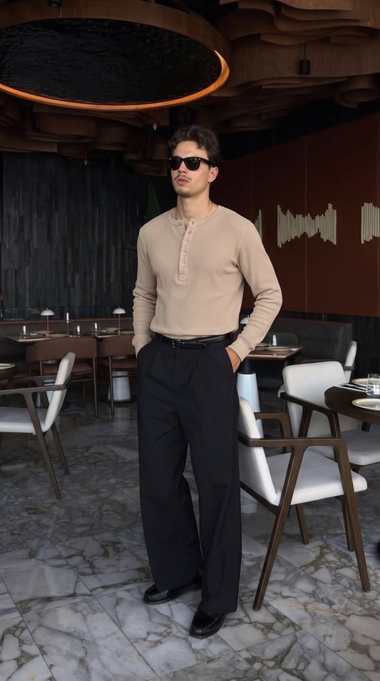 Waffle Knitted Henley Shirt - Biege (Summer)